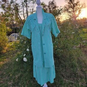 Vintage 80s Green White Stripe Cotton Dress Top Set Summer Beach Large